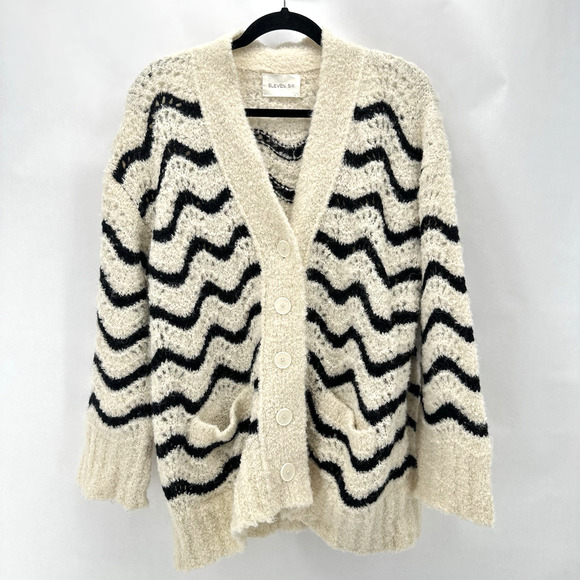 ELEVEN SIX Monica Cardigan Sweater Womens XS/S Ivory Black Relaxed Alpaca Preppy - Picture 12 of 12